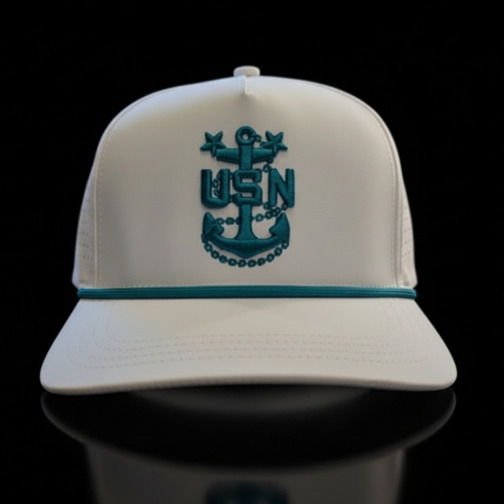 White Cap with Teal USN CPO Anchor Logo Available in CPO, SCPO, MCPO. - Picture 2 of 2